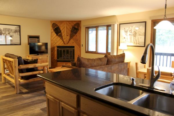 A cozy living room with rustic decor, featuring a kitchen counter, wooden furniture, fireplace, wall art, and a TV, all bathed in natural light.