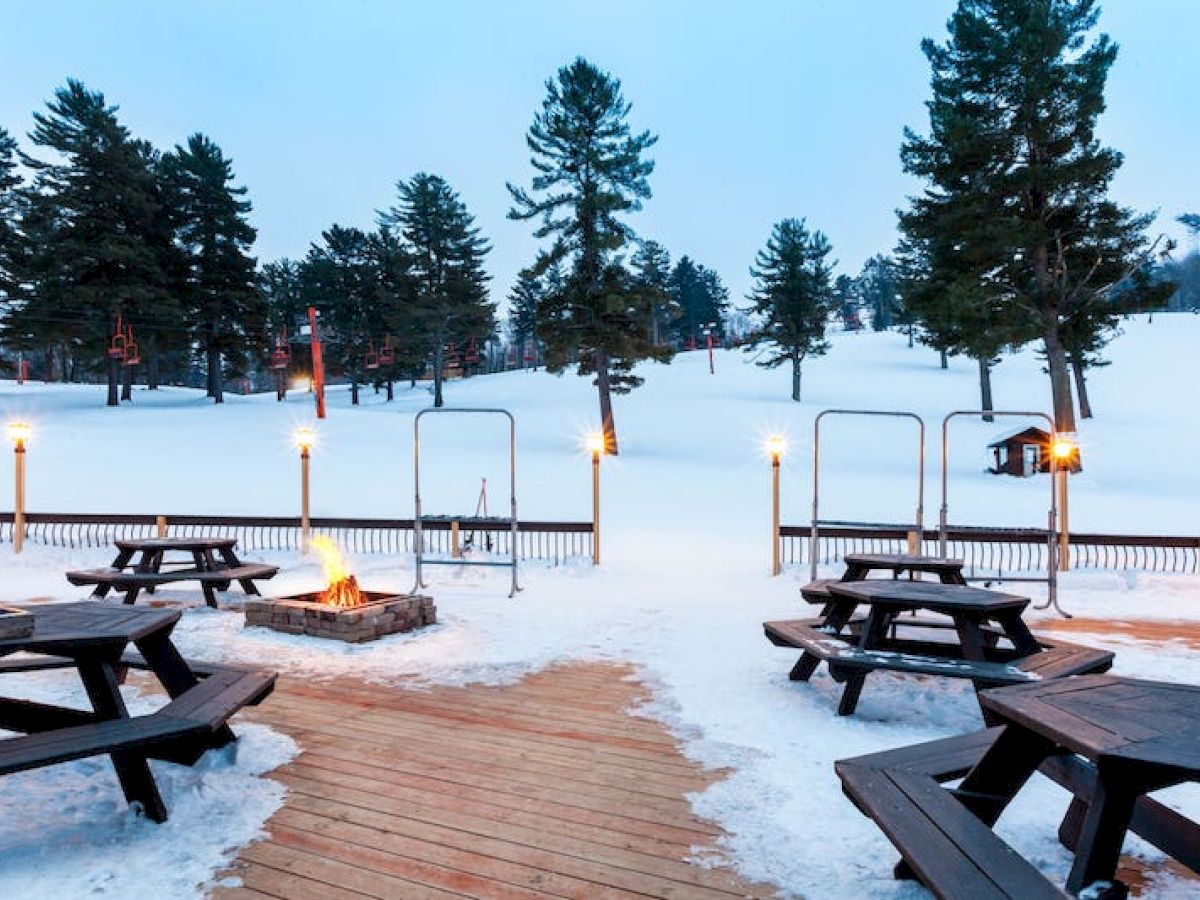 A snowy outdoor area with picnic tables, a fire pit, and tall pine trees in the background. The ground is partially covered in snow.