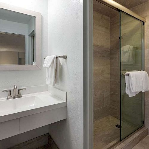 A bathroom with a sink, mirror, towel rack, glass-enclosed shower, and toilet. Towels are hung on both the rack and within the shower area.