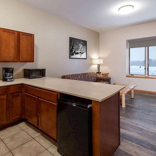 A cozy living room with a kitchen. There is a sofa, a TV, a kitchen counter, wooden cabinets, a microwave, a coffee maker, and a window with a snowy view.