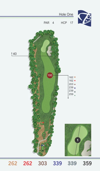 The image displays a golf course layout for Hole One, Par 4, Handicap 17, with distances marked in yards. A smaller detailed map is included.