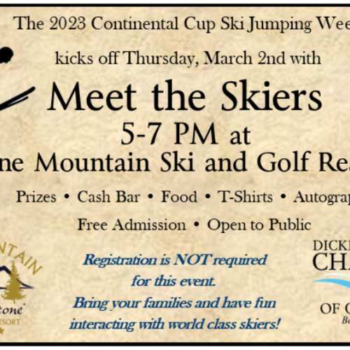 Flyer for the 2023 Continental Cup Ski Jumping Week at Pine Mountain Ski and Golf Resort on March 2nd, 5-7 PM. Free Admission. Ends.