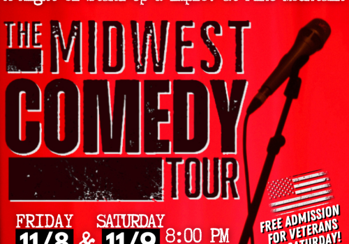 The image promotes the Midwest Comedy Tour at Pine Mountain on 11/8 and 11/9 at 8 PM, featuring stand-up and improv.