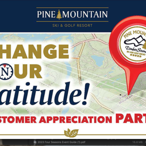 Promotional poster for Pine Mountain Ski & Golf Resort's Customer Appreciation Party with map background and event details.