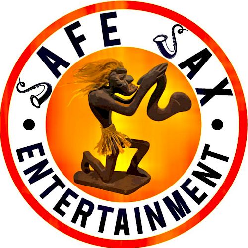 This image features a logo with a figure playing a saxophone and the words "Safe Sax Entertainment" surrounding it in a circular design.