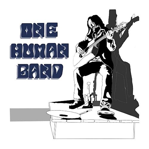 An illustration of a person playing a guitar with the text "One Human Band" beside them. The person is on a small stage with a shadow behind.