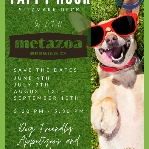 Promo for Yappy Hour at Sitzmark Deck with Metazoa Brewing; dates: June 4, July 9, Aug 13, Sep 10, 3:30-5:30 PM. Dog-friendly appetizers and vendors.