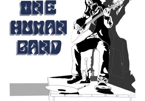 Illustration of a person playing guitar, with text reading 