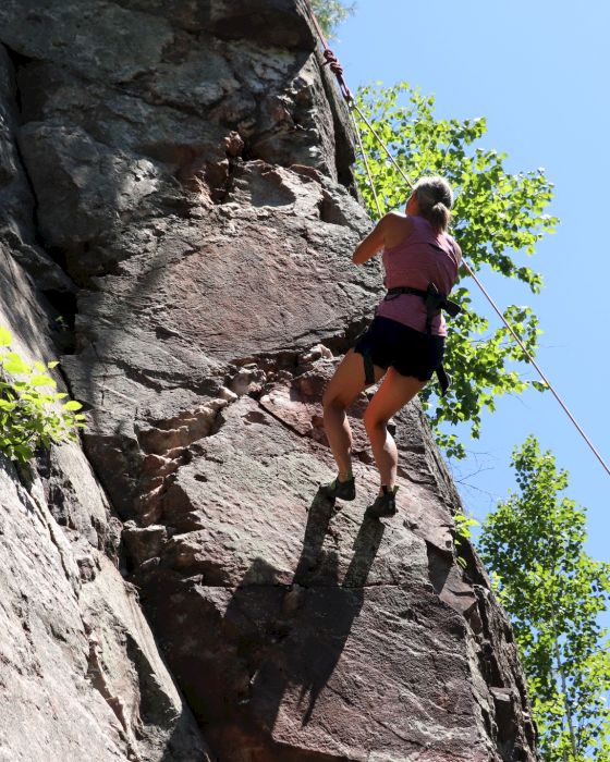 A person is rock climbing on a sunny day with safety gear, scaling a cliff surrounded by trees and blue sky.