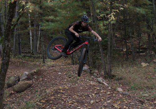 A person is riding a mountain bike, performing a jump on a trail in a forested area, wearing a helmet for safety.