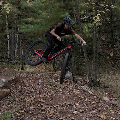 A person is riding a mountain bike, performing a jump on a trail in a forested area, wearing a helmet for safety.