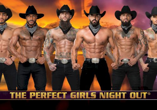 Shirtless men in cowboy hats and bandanas stand in a row. Text below reads 