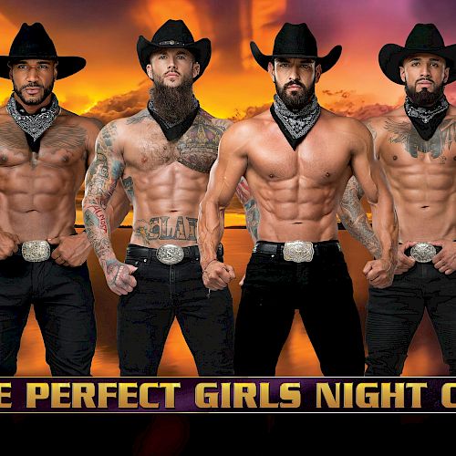 Shirtless men in cowboy hats and bandanas stand in a row. Text below reads 