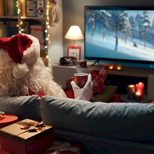 A person in a Santa outfit watches TV in a cozy, festive living room with wrapped gifts, candles, and a mug in hand.