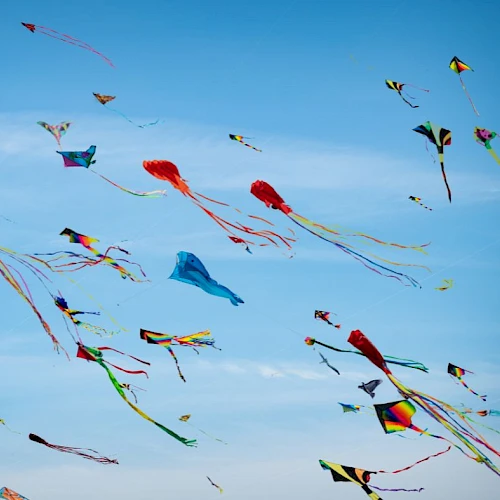 The image shows colorful kites flying in the blue sky, each with long tails streaming in the wind, creating a lively and festive scene.