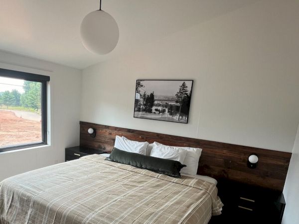 A bedroom with a large bed, modern pendant light, landscape photo, and window overlooking outdoor scenery with trees and soil.