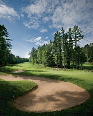 The image shows a golf course with a sand trap in the foreground, lush green fairway, tall trees, and a partly cloudy sky.