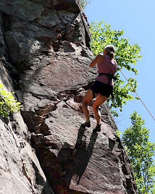 A person is rock climbing on a sunny day with safety gear, scaling a cliff surrounded by trees and blue sky.