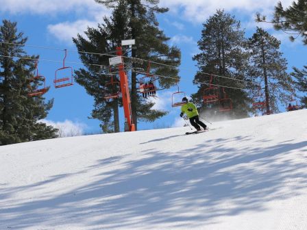 A skier in a bright jacket is skiing down a snowy slope with trees and ski lifts under a clear blue sky in the background.