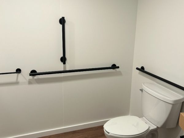 The image shows a bathroom with grab bars on the walls, a toilet, and wooden flooring.
