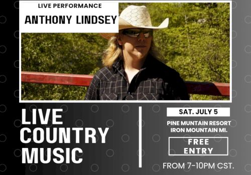 Image of a live country music event poster featuring a performer, scheduled for Saturday, July 5th, from 7-10 PM CST. Free entry.