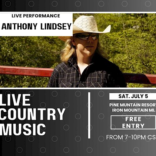 Image of a live country music event poster featuring a performer, scheduled for Saturday, July 5th, from 7-10 PM CST. Free entry.