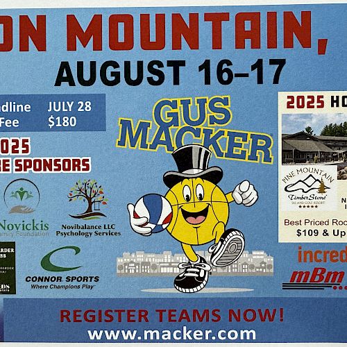 Flyer for Gus Macker in Iron Mountain, MI, August 16-17. Includes sponsor logos, event details, and registration information.