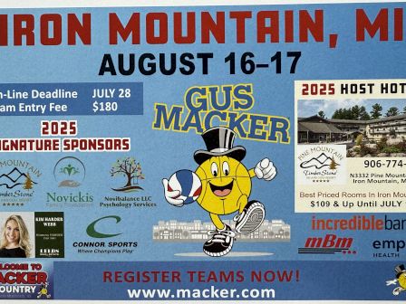 Flyer for Gus Macker in Iron Mountain, MI, August 16-17. Includes registration details and sponsors. Host hotel info on the right side.