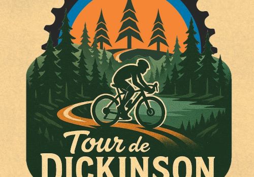 The image is a "Tour de Dickinson" logo featuring a cyclist on a forest trail with trees and a sunset.