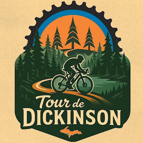 The image is a "Tour de Dickinson" logo featuring a cyclist on a forest trail with trees and a sunset.