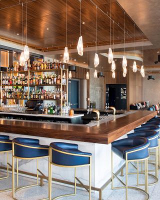 A modern bar featuring stylish seating, a well-stocked bar counter, hanging lights, and a comfortable lounge area in the background.